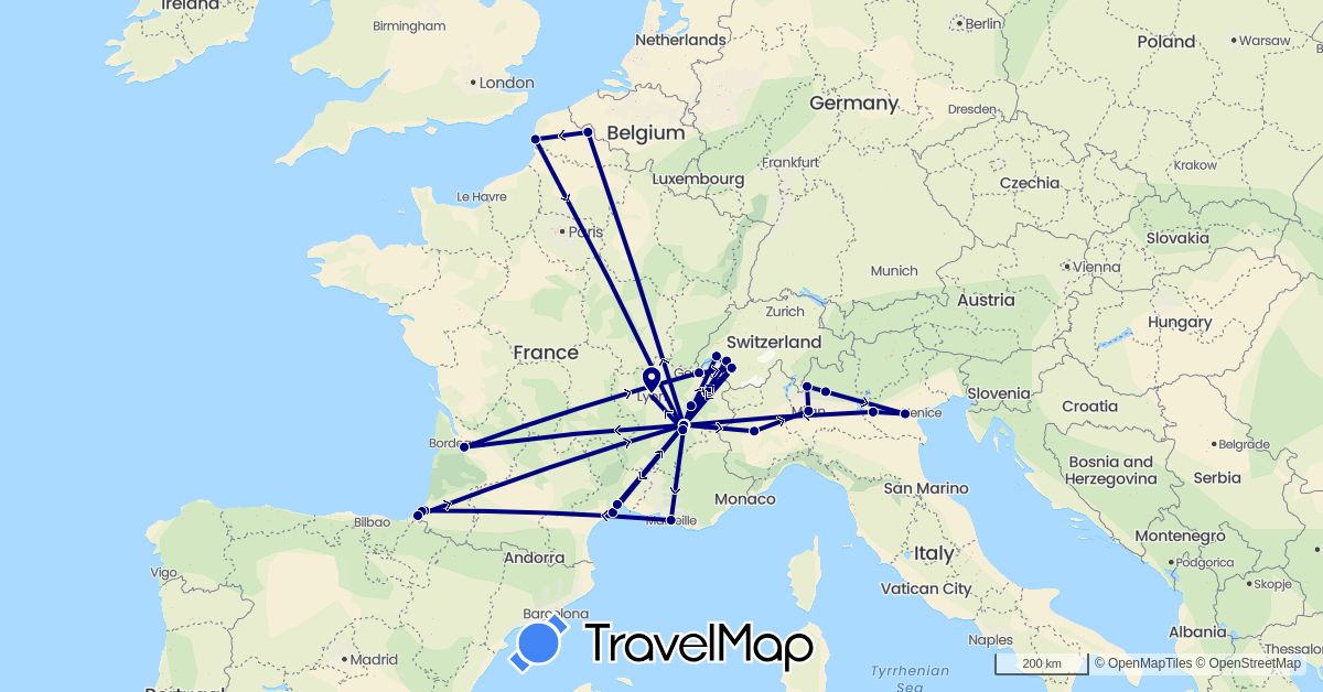 TravelMap itinerary: driving in Switzerland, France, Italy (Europe)